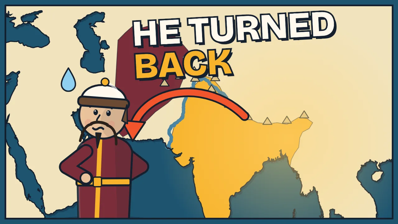 Thumbnail: a worried Genghis Khan, a U-turn arrow at the Indus, and the words He turned back